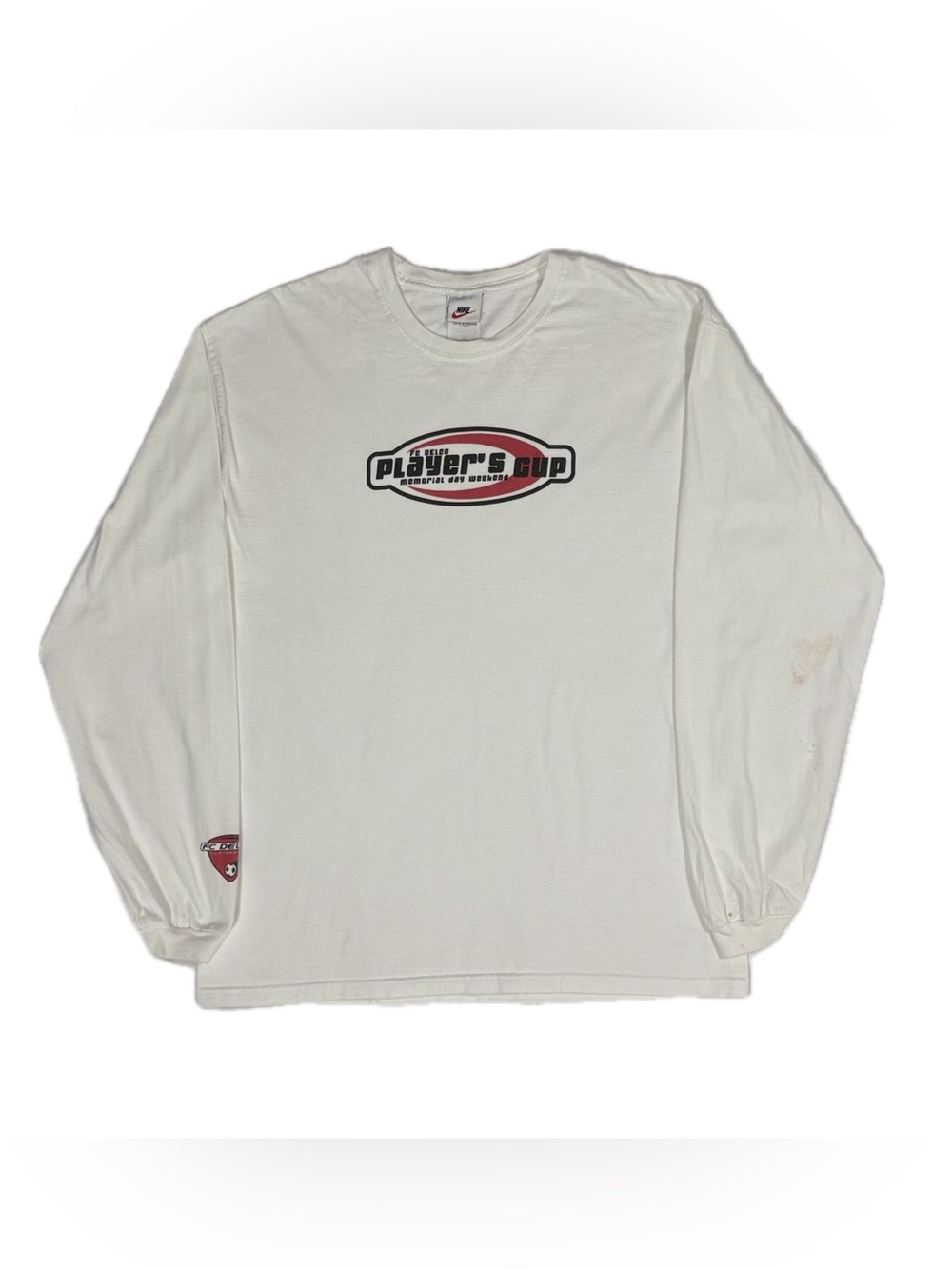 Vtg 90s Nike Soccer White Red FC Delco Players Cup Longsleeve T Shirt Men Large